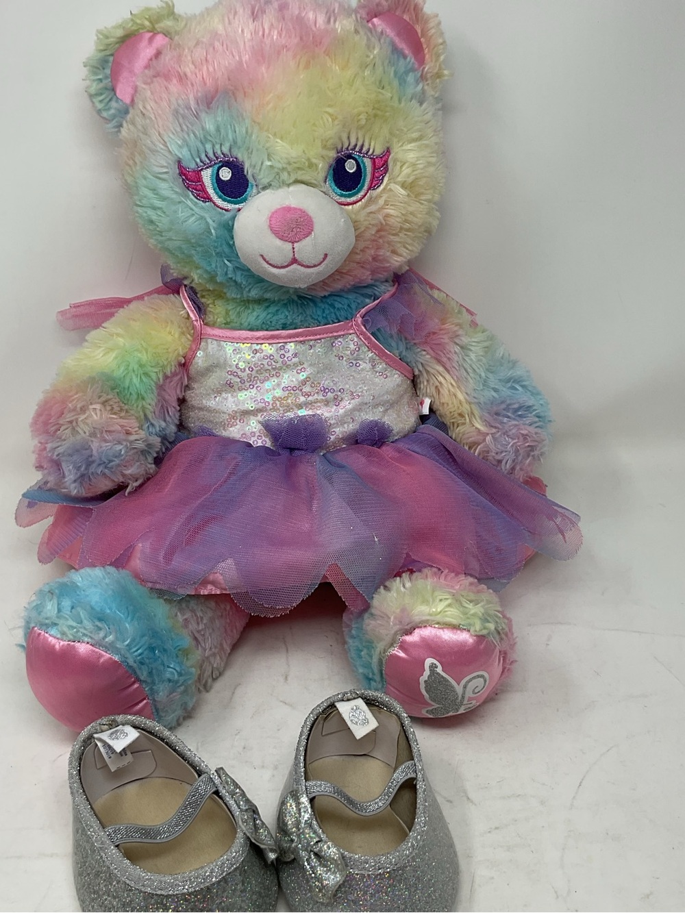 Build-A-Bear Rainbow Plush Bear with Pink Accents and Purple Tutu